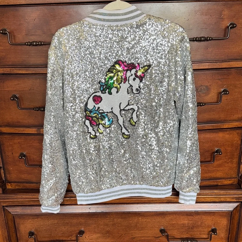 Lola + The Boys Silver Sequin Jacket with Multicolor Stars and Unicorn EUC - Picture 2 of 6